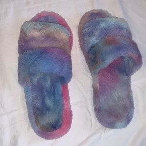Fuzzy Rainbow Slide-On Slippers